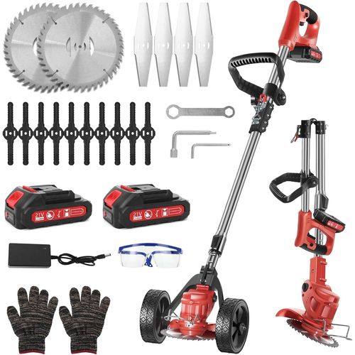 SUBZONAL-Débroussailleuse Électrique sans Fil 21V avec Roues ¿ Coupe-Bordure Léger et Pliable, 3 Types de Lames, 2 Batteries 4.0Ah, Chargeur Rapide ¿ pour Jardin, Pelouse, Herbe et Bordures (YKEU-CCJ