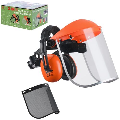 MEVRONISSHOP-Visière en Maille d'Acier 2 en 1 avec Protège-Oreilles Réglable - Protection Complète Visage, Front et Oreilles - Visière Transparente et Treillis Métallique