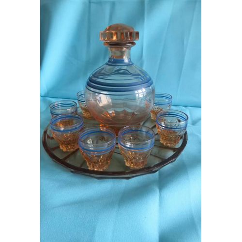 Service À Liqueur En Verre Rose Lignes Bleues Vintage/Murb11