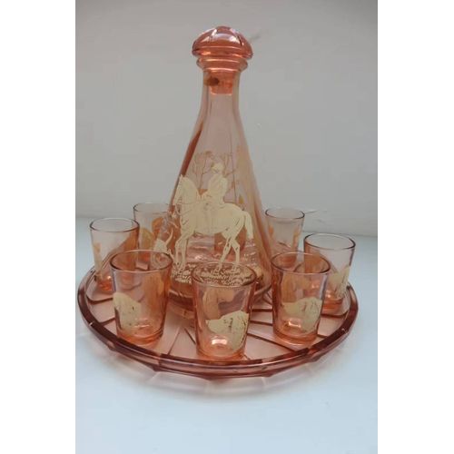 Ancien Service À Liqueur Rose Complet Plateau, Carafe 8 Verres