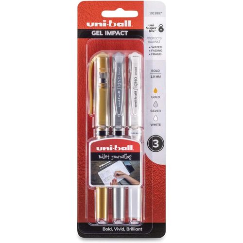 Asfasfq-Uni 3 X Stylos Roller Encre Gel Ball Um-153 Pointe Large Lot De 3 1 X Or, 1 X Argenté, 1 X Blanc