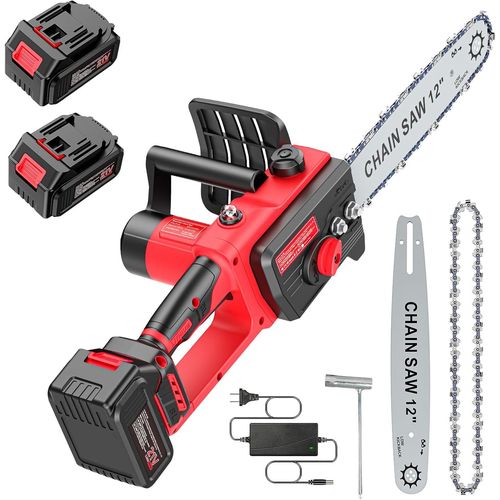 ASFASFq-Mini Tronconneuse a Batterie 12 Pouces, 6000mAh Tronçonneuse Électrique Sans Fil Portable et 2 * 3000mAh Batteries pour la Coupe du bois, les Branches d'arbres, l'élagage le Jardin, 2* Chaîne