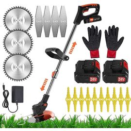 ASFASFq-Debroussailleuse Electrique Coupe-Bordures Professionnel éLectriques sans Fil avec 2pcs 24V Lithium Batterie Puissante 3 Pcs Lames MéTalliques avec Poignée Télescopique pour Parcs,Fermes