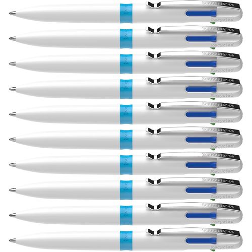 Tianyi-Take 4 Stylo À Bille Multifonctions (4 Couleurs, Plastique Recyclé, Recharges Remplaçables) Blanc-Bleu Clair, Boîte De 10