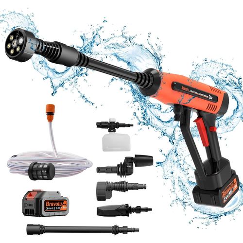 ASFASFq-Nettoyeur Haute Pression sur Batterie, Bravolu Max 500 PSI Nettoyeur Haute Pression sans Fil Portable avec Kit d'accessoires, Laveuse à Pression à Batterie 4.0Ah avec Buse Multi-Fonctions 6-e