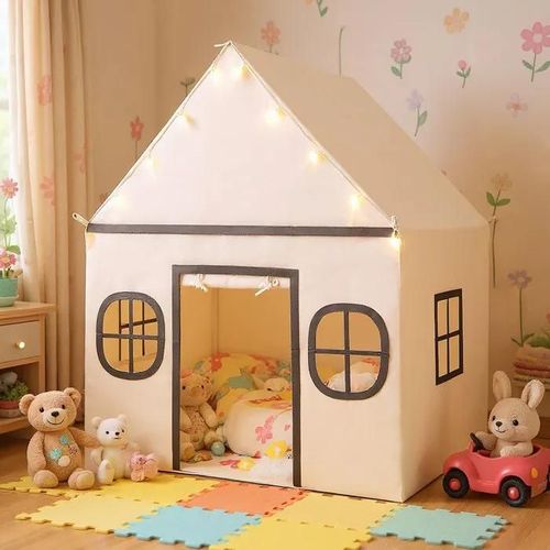 Costway Tente De Jeux Enfant Avec 4 Fenêtres Et Guirlandes Lumineuses Étoiles, Tapis Antidérapant Et Coton Lavable, 3-10 Ans Gris