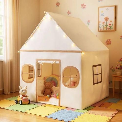 Costway Tente De Jeux Enfant Avec 4 Fenêtres Et Guirlandes Lumineuses Étoiles, Tapis Antidérapant Et Coton Lavable, 3-10 Ans Beige