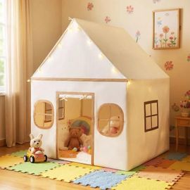 Costway Tente De Jeux Enfant Avec 4 Fenêtres Et Guirlandes Lumineuses Étoiles, Tapis Antidérapant Et Coton Lavable, 3-10 Ans Beige
