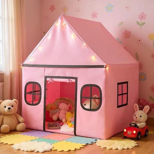 Costway Tente De Jeux Enfant Avec 4 Fenêtres Et Guirlandes Lumineuses Étoiles, Tapis Antidérapant Et Coton Lavable, 3-10 Ans Rose