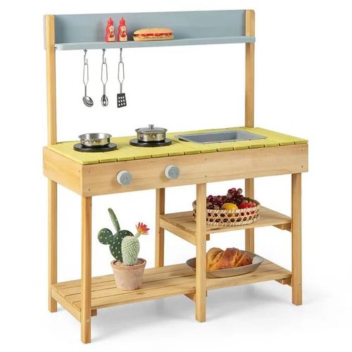 Johnsonstore Cuisine Extérieure Enfant En Bois, Évier Amovible Et Bouton Rotatif, 2 Pots, 3 Crochets, Étagère Ouverte, Pour 3 Ans+