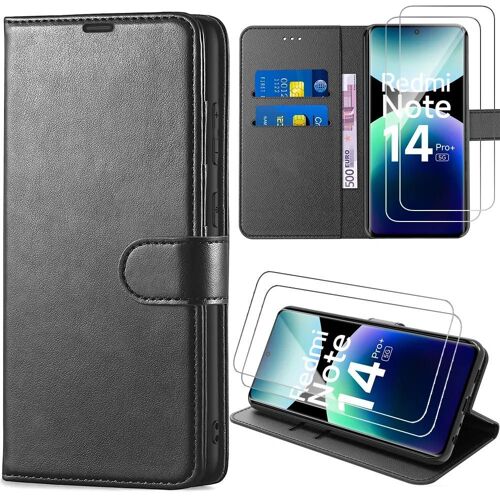 Coque + 2 Verres Trempés Pour Xiaomi Redmi Note 14 Pro Plus 5g, Protection Antichoc Effet Cuir Noir - E.F.Connection