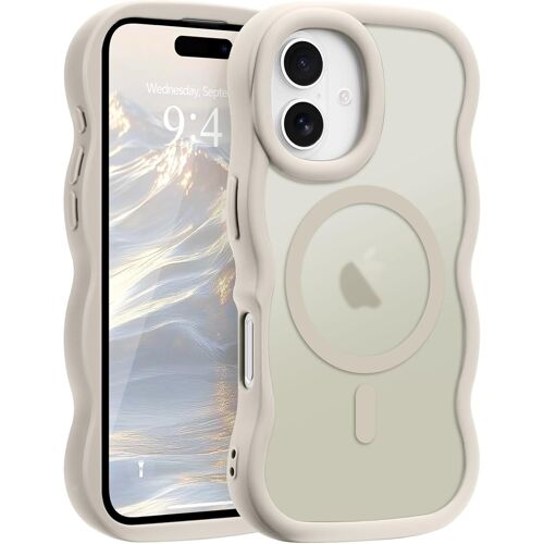 SJZG-Coque Magnétique Pour Iphone 16 [Compatible Avec Magsafe] Translucide Mat Cadre Vague Bouclée Coque De Téléphone Slim Fit Antichoc Housse De Protection Pour Homme Et Femme-Gris Clair
