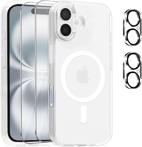 Coque Magnétique pour iPhone 16 avec 2 Pièces Verre Trempé Protection Écran + 2 Protections pour caméras, Include 2 Pellicole Protettive + 2 Pellicole per Fotocamera per iPhone 16