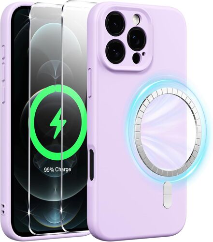 SJZG-Coque Magnétique Silicone Pour Iphone 12 Pro Max 6,7 Pouces Avec 2 Verre Trempé, Compatible Avec Magsafe Aimants Intégrés, Étui Housse Antichoc Anti-Rayures Case Pour Iphone 12 Pro Max, Violet