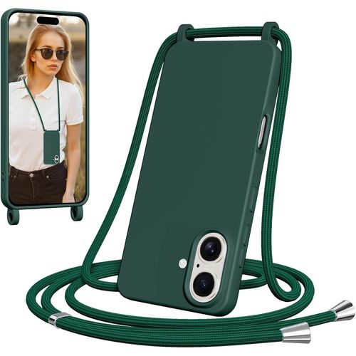 Ppdaz-Coque Pour Iphone 16 Plus Avec Cordon, Collier Étui Silicone Avec Tour De Cou Lanière Corde Bandouliere Case, Réglable, Amovible Chaine, Antichoc Bumper Housse, Vert