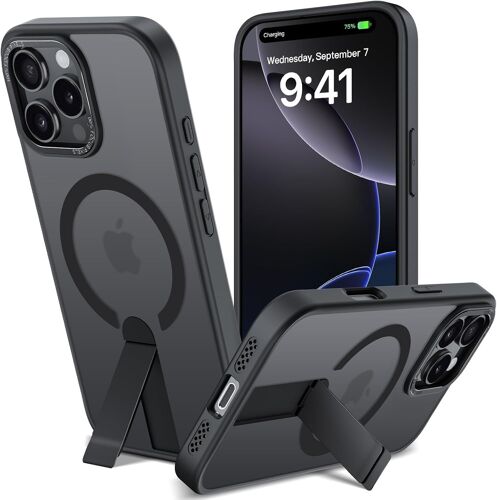 KALANKA-Coque Magnétique pour iPhone 16 Pro Max Coque à Béquille en Métal Compatible avec MagSafe, Etui Translucide Mat Anti-Rayures Housse de Support Invisible, Protection Antichoc, 3 Modes de Suppo