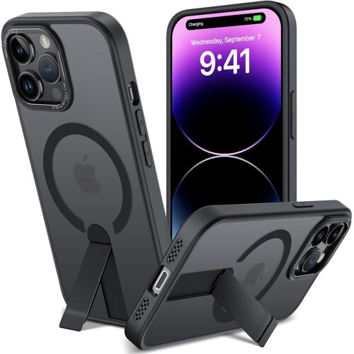 SJZG-Coque Magnétique Pour Iphone 14 Pro Max Coque À Béquille En Métal Compatible Avec Magsafe, Etui Translucide Mat Anti-Rayures Housse De Support Invisible, Protection Antichoc, 3 Modes De Support