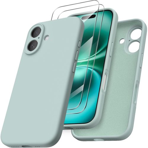 Étui Silicone Souple Pour Iphone 16 (6,1 Pouces) + 2 Verres Trempés - Coque Slim Protection Complète Boutons Et Appareil Photo Vert Sauge