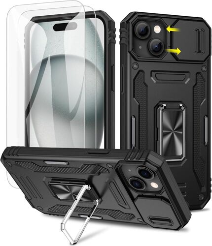 ELVORIX-Coque pour iPhone 15, 2 Protecteurs D'écran, et Anneau Béquille, [ 360° Protection Militaire ] Protection Coulissante Caméra (Noir)