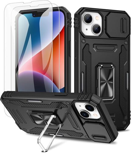 JGD-Coque pour iPhone 14 & iPhone 13 5G, 2 Protecteurs D'écran, et Anneau Béquille, [ 360° Protection Militaire ] Protection Coulissante Caméra (Noir)