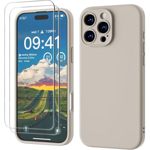 LORANKA-3 en 1 Coque pour iPhone 16 Pro Silicone Liquide 6.3"" avec 2 Verre Trempé, Étui Protection Précise de Caméra [Résistant aux Rayures] [Antidérapant] iPhone 16 Pro Case, Gris Pierre