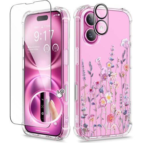 KALANKA-Coque Compatible avec iPhone 16 6,1"" 2024, avec Protecteurs d'écran & Protecteur d'objectif de caméra, Antichoc Anti-Rayures Clair Fleur Housse pour Femmes,Floratopia/Coloré