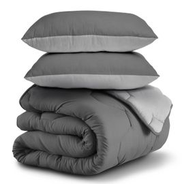 Couette 220x240 Cm Abby Bicolore Gris Clair Et Gris 300 Gr + 2 Oreillers