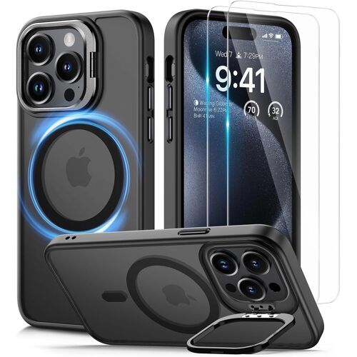 KALANKA-Coque pour iPhone 15 Pro avec Support et 2 Verre Trempé, Compatible avec MagSafe, Magnétique Antichoc Case de Caméra Protection, Etui Translucide Mat Arrière Housse, Noir