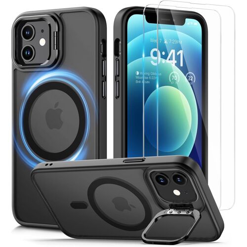 JGD-Coque pour iPhone 12/12 Pro pour MagSafe avec Support et 2 Verre Trempé, Magnétique Antichoc Case de Militaire Protection, Etui Translucide Mat Arrière Housse pour iPhone 12/12 Pro, Noir