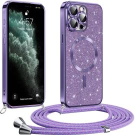Coque Pour Iphone 11 Pro Max - Étui Tpu Antichoc Pailleté Compatible Magsafe Avec Cordon Réglable 160 Cm, Violet