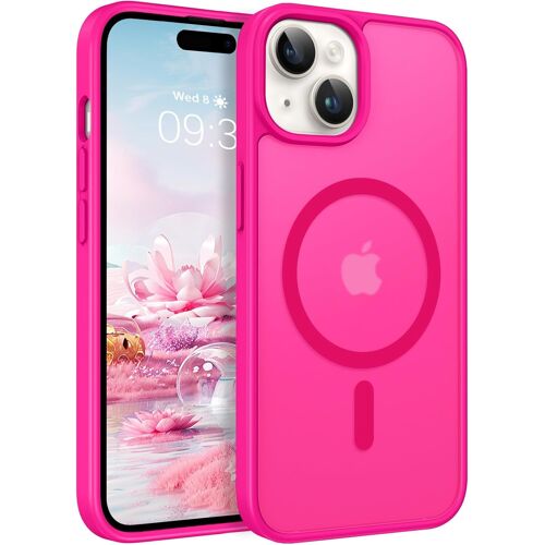 TRAHOO-Coque pour iPhone 15, Magnétique Fort [Compatible avec MagSafe] Mat Lisse Translucide Protection de Qualité Fine Mate Coque de Téléphone Aimanté pour iPhone 15 Rose Fluo