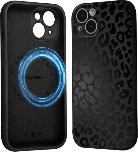 LORANKA-Coque Magnétique pour iPhone 13 nan, Compatible avec MagSafe, Aesthetic Léopard Motif Etui Dessin Fille Case, Souple Silicone Liquide Mince TPU Bumper Antichoc Housse Cover, Noir
