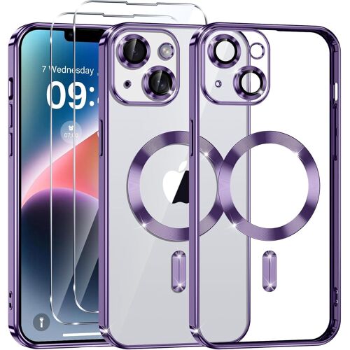 TRAHOO-Coque Magnétique pour iPhone 14 Plus avec 2 Pièces Verre Trempé, Compatible avec MagSafe, Protection Militaire, Résistante aux Rayures, Résistante aux Chocs, Mince et Transparente, Violet