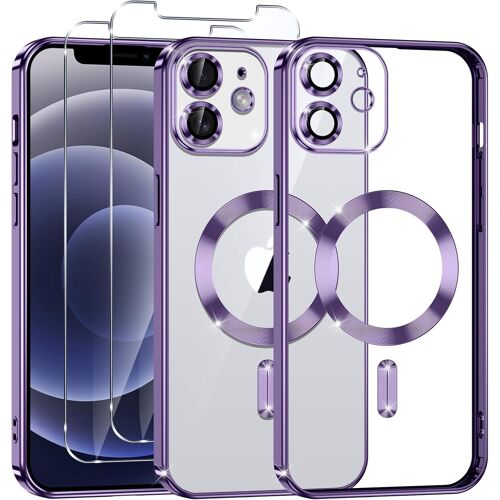 TRAHOO-Coque Magnétique pour iPhone 12 avec 2 Pièces Verre Trempé, Compatible avec MagSafe, Résistante aux Rayures, Résistante aux Chocs, Mince et Transparente, Violet