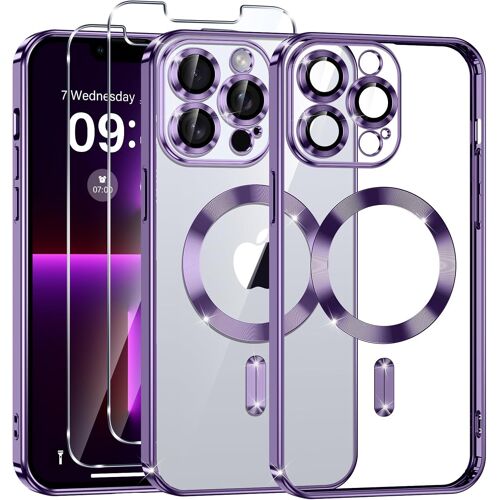 SJZG-Coque Magnétique Pour Iphone 13 Pro Avec 2 Pièces Verre Trempé, Compatible Avec Magsafe, Résistante Aux Rayures, Résistante Aux Chocs, Mince Et Transparente, Violet