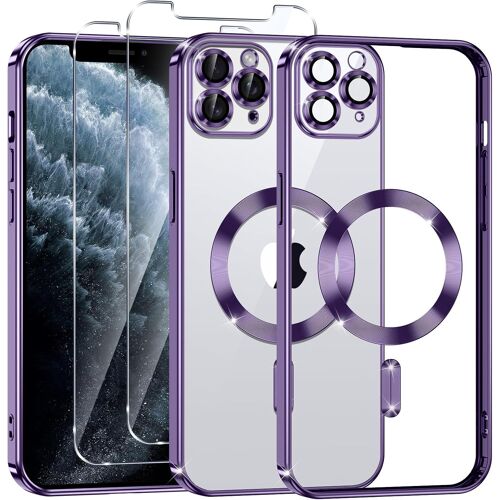SJZG-Coque Magnétique Pour Iphone 11 Pro Avec 2 Pièces Verre Trempé, Compatible Avec Magsafe, Résistante Aux Rayures, Résistante Aux Chocs, Mince Et Transparente, Violet