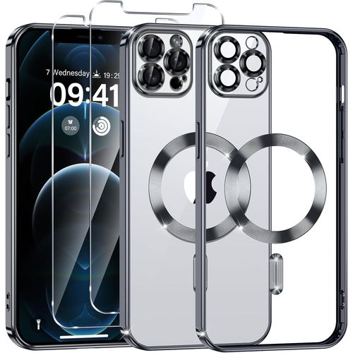 Sjzg-Coque Magnétique Pour Iphone 12 Pro Max Avec 2 Pièces Verre Trempé, Compatible Avec Magsafe, Protection Militaire, Résistante Aux Rayures, Résistante Aux Chocs, Mince Et Transparente, Noir