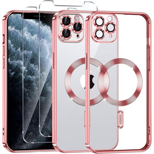 SJZG-Coque Magnétique Pour Iphone 11 Pro Avec 2 Pièces Verre Trempé, Compatible Avec Magsafe, Résistante Aux Rayures, Résistante Aux Chocs, Mince Et Transparente, Rose