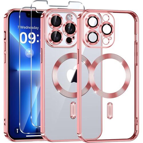 TRAHOO-Coque Magnétique pour iPhone 13 Pro Max avec 2 Pièces Verre Trempé, Compatible avec MagSafe, Protection Militaire, Résistante aux Rayures, Résistante aux Chocs, Mince et Transparente, Rose
