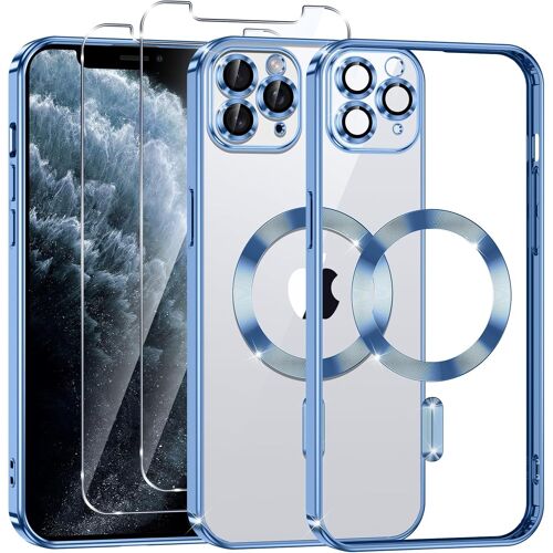 SJZG-Coque Magnétique Pour Iphone 11 Pro Max Avec 2 Pièces Verre Trempé, Compatible Avec Magsafe, Protection Militaire, Résistante Aux Rayures, Résistante Aux Chocs, Mince Et Transparente, Bleu