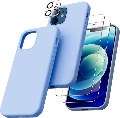 Coque pour iPhone 12 et Coque iPhone 12 Pro, Coque en Silicone Liquide (pour iPhone 12/iPhone 12 Pro) (6,1""), ?tui iPhone 12 Fine Antichoc (5 en 1) Protection Compl¿¿te - Bleu Clair