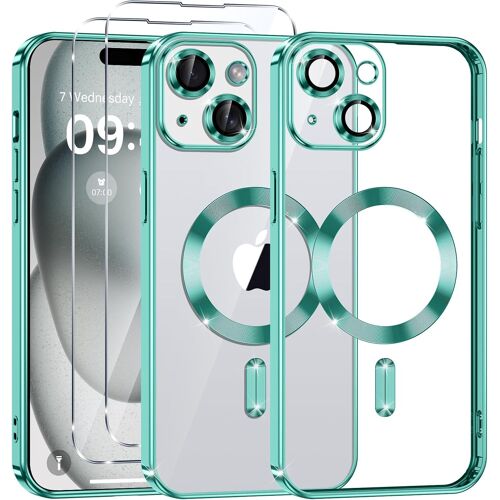 TRAHOO-Coque Magnétique pour iPhone 15 Plus avec 2 Pièces Verre Trempé, Compatible avec MagSafe, Résistante aux Rayures, Résistante aux Chocs, Mince et Transparente, Vert