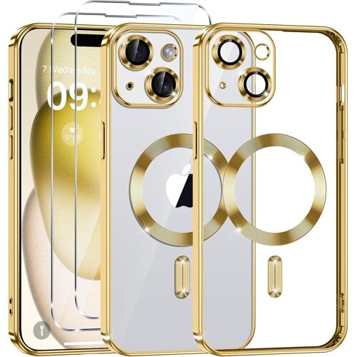 SJZG-Coque Magnétique Pour Iphone 15 Avec 2 Pièces Verre Trempé, Compatible Avec Magsafe, Résistante Aux Rayures, Résistante Aux Chocs, Mince Et Transparente, Or