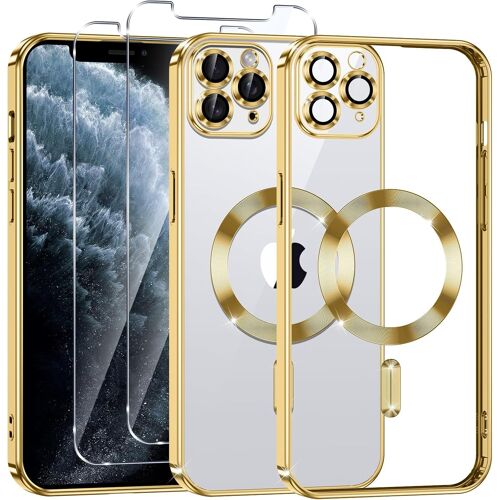 SJZG-Coque Magnétique Pour Iphone 11 Pro Max Avec 2 Pièces Verre Trempé, Compatible Avec Magsafe, Protection Militaire, Résistante Aux Rayures, Résistante Aux Chocs, Mince Et Transparente, Or