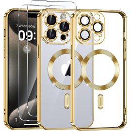TRAHOO-Coque Magnétique pour iPhone 15 Pro avec 2 Pièces Verre Trempé, Compatible avec MagSafe, Protection Militaire, Résistante aux Rayures, Résistante aux Chocs, Mince et Transparente, Or