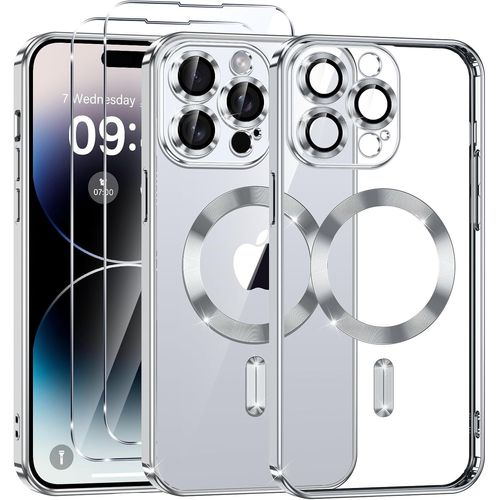 Protection Magnétique Iphone 14 Pro Max + 2 Verres Trempés ¿ Compatible Magsafe, Anti-Rayures Et Anti-Chocs, Ultra-Fine Transparente Finition Argentée