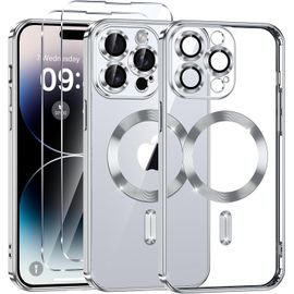 TRAHOO-Coque Magnétique iPhone 14 Pro 2 Pièces Verre Trempé, Compatible MagSafe, Protection Militaire, Résistante Rayures & Chocs, Mince & Transparente, Argenté