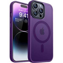 Coque magnétique mate pour iPhone 14 Pro (6,1 pouces) - Protection niveau militaire, toucher velours antirayures, coins renforcés et aimants ultra-puissants, violet foncé