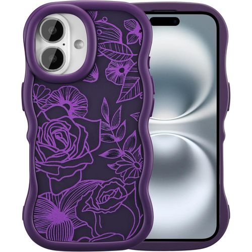Ppdaz-Coque Pour Iphone 16 Plus, Mignon Fleur De Rose Floral Motif Cadre Ondulé Bouclé Mat Esthétique Coque, Housse Vague Luxe Mince Antichoc Pour Filles Femmes, Violet
