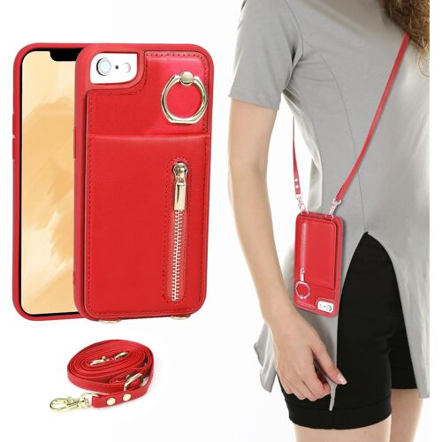 SJZG-Coque Pour Iphone 7/8/Se 2020/Se 2022 Coque Etui Avec Sangle Réglable Portefeuille En Cuir Anti-Rfid Pochette Magnétique Flip Case Étui Cover Housse Protection Avec Anneau-Rouge